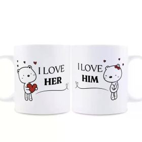 2pcs 11oz Cute "I Love Her" and "I Love Him" Bear Mug Set, Couple Gift, Fun Ceramic Coffee/ Tea Mug, Dishwasher-Safe,