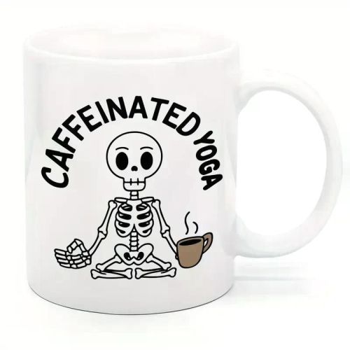 11oz White Ceramic Coffee Mug - Caffeinated Yoga Skeleton Design, Perfect Gift for Yoga Lovers, Skull Enthusiasts &