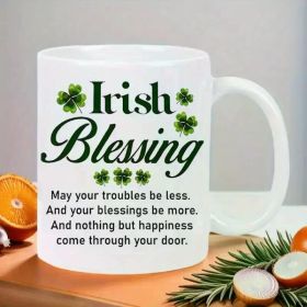 Irish Blessing Ceramic Coffee Mug - Double-Sided Funny Design with Inspirational Quote & Shamrock Illustrations,