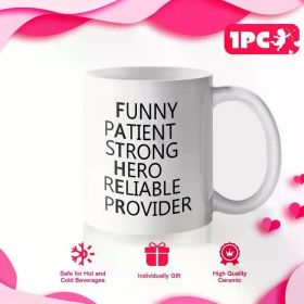 1pc 11oz Large Ceramic Coffee Mug with Handle - "Funny, Strong, Hero" Typography - Perfect Gag Gift for Dad,