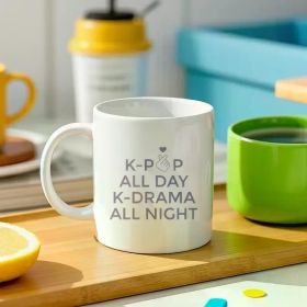 1pc - "K-Pop All Day, Korean Drama All Night" Ceramic Mug - Ideal Gift for K-Drama Enthusiasts, White with Heart