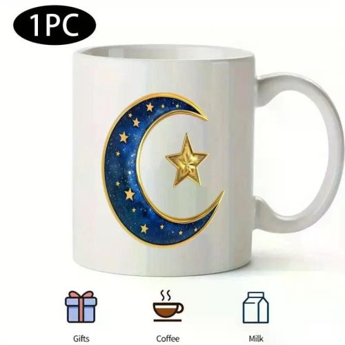 Ramadan Moon and Star Ceramic Mug - Insulated White Coffee Cup with Blue Celestial Design, Ideal Gift for Family,