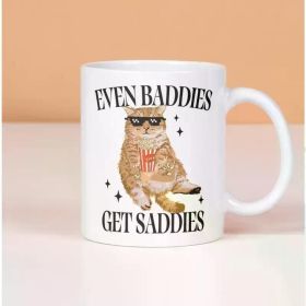 1pc Whimsy Feline 11oz Ceramic Mug - Even Baddies Get Saddies Cat Meme Design, Double-Sided Print, Durable