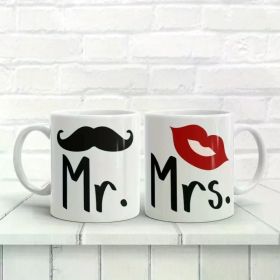 2pcs Set "Mr. & Mrs." Ceramic Coffee Mugs - Mustache & Red Lips Design, Ideal Gift for Couples, Anniversary,