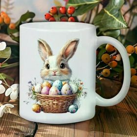 Easter Bunny & Basket Ceramic Coffee Mug - Insulated, Reusable White Mug with Adorable Bunny and Colorful